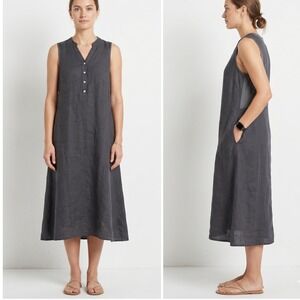 INIZIO Italy Linen Dress L Large Charcoal Grey Henley Sleeveless Lagenlook Boho